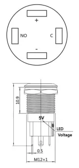 Trykknap | Moment - puls | 5V LED Rød | RVS | 12mm – 3