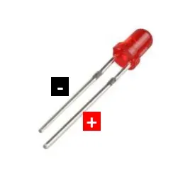 Nærbillede af rød LED med langt (+) og kort (-) ben