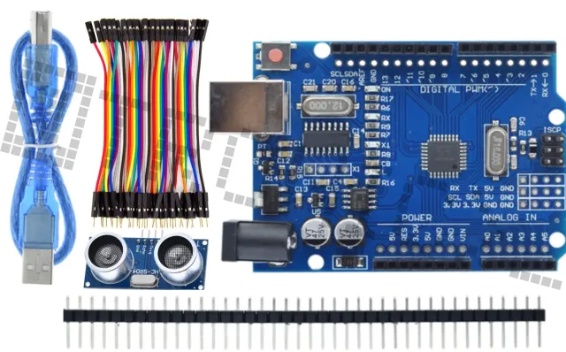 Starter Kit til Arduino Uno R3 med HC-SR04 afstandssensoren og dupont-kabler