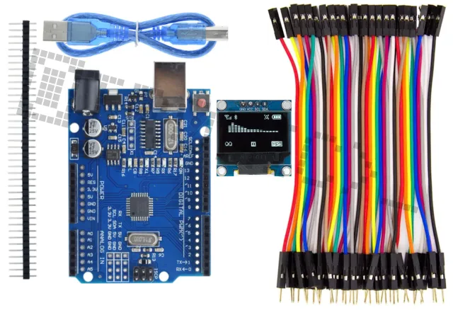 Starter Kit til Arduino Uno R3 med 0.96 inch OLED Display & 40-delt Dupont kabelsæt