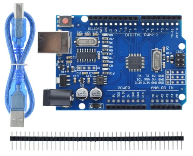 Arduino UNO R3 compatible inkl. USB-kabel og header pins.