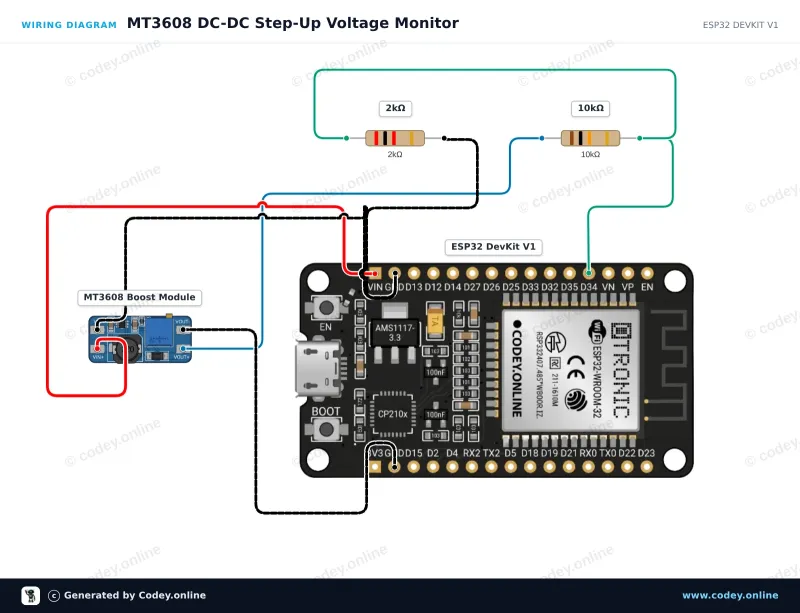 Tilslutningsdiagram: MT3608 2A Max DC-DC Step Up Power Module Booster Power Module på en ESP32 DevKit V1