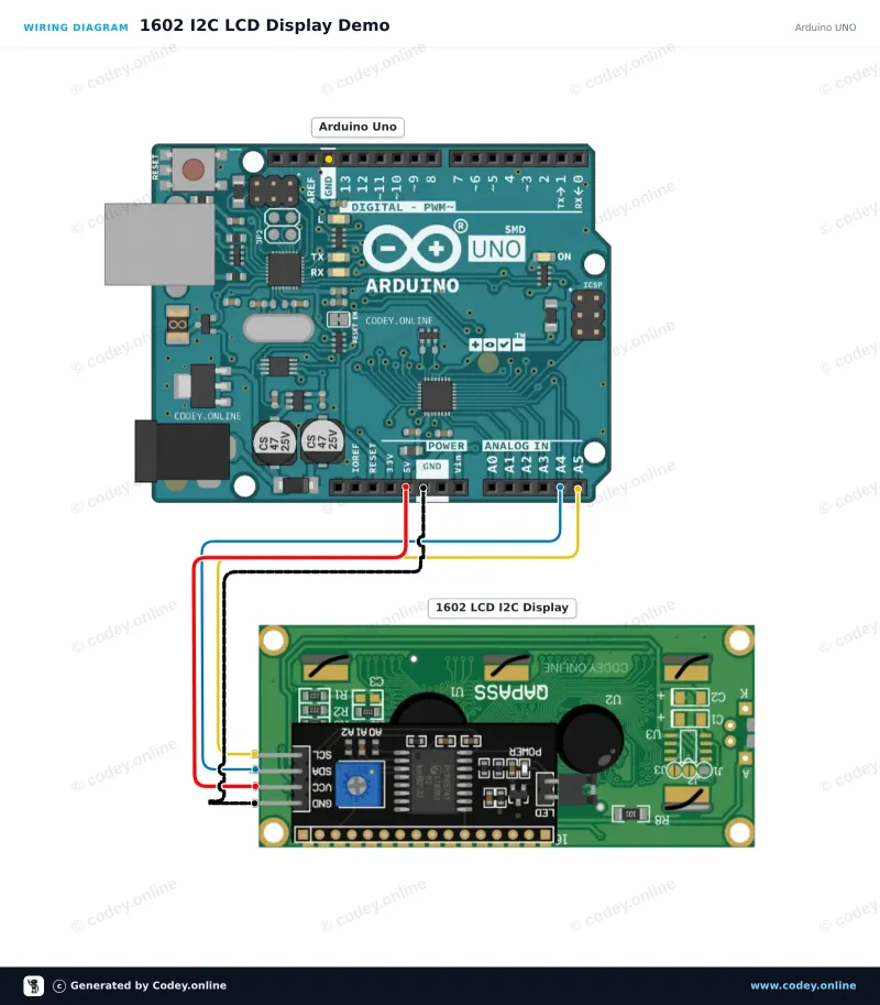 Tilslutningsdiagram: LCD 1602/2004 I2C adapter på en Arduino UNO
