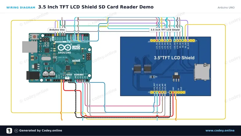 Tilslutningsdiagram: 3.5 inch Touch screen TFT shield til Arduino UNO og Mega på en Arduino UNO