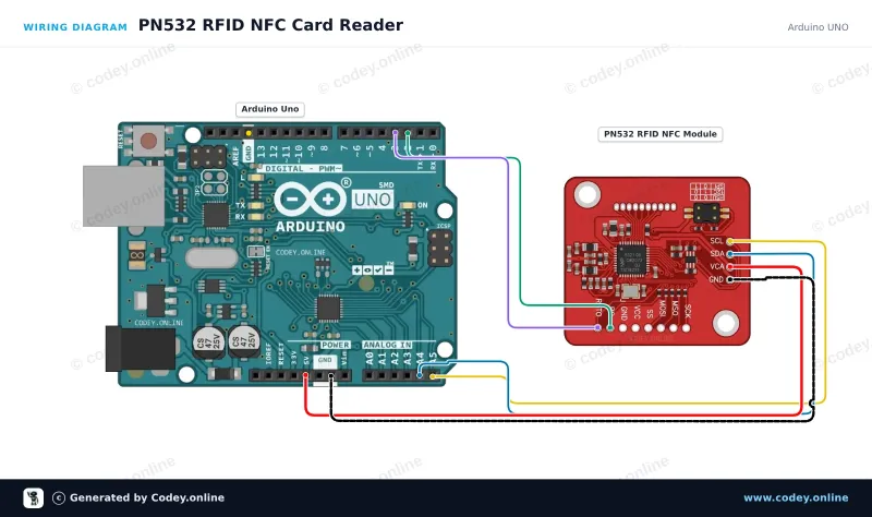 Tilslutningsdiagram: PN532 RFID NFC Kit med S50 Kort og S50 Nøglebrik på en Arduino UNO