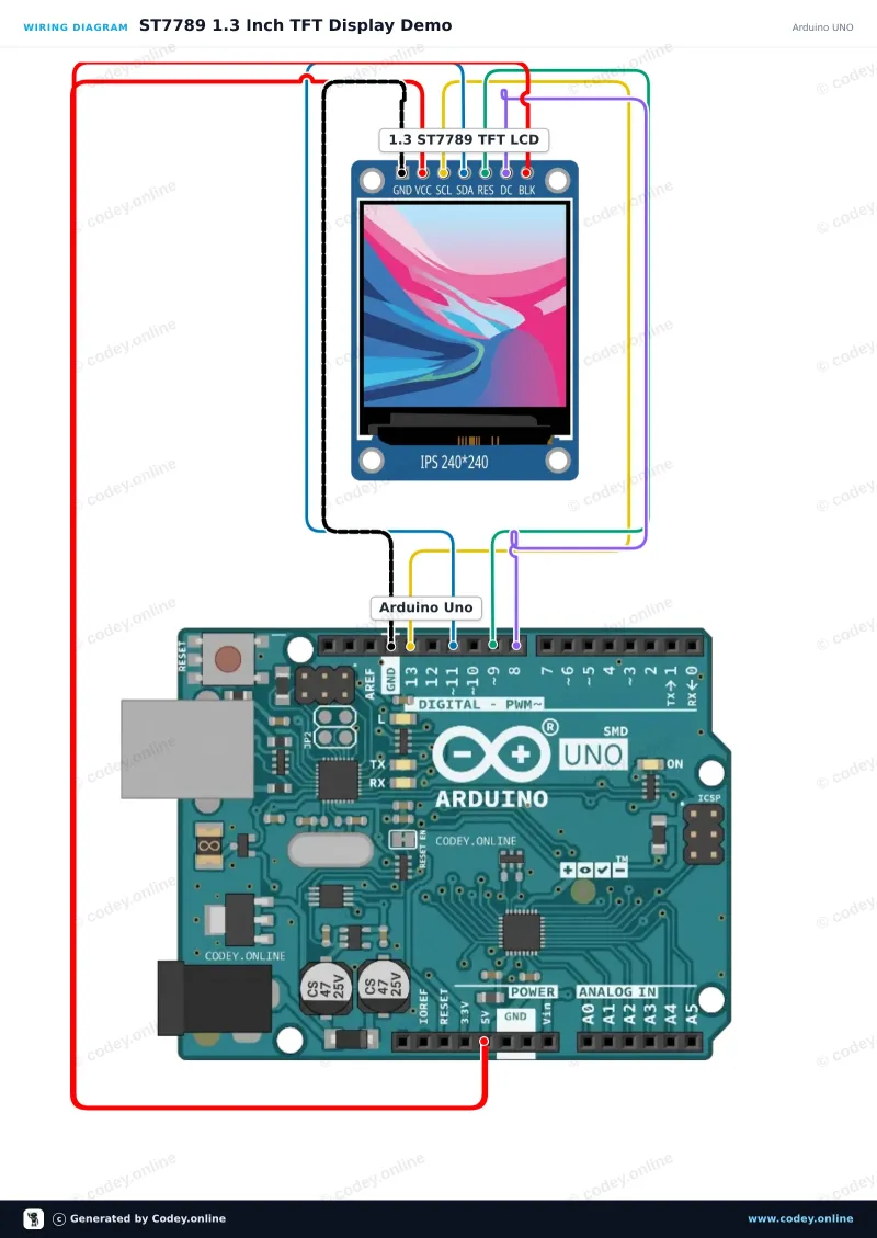 Tilslutningsdiagram: 1.3inch SPI TFT LCD Display RGB (ST7789, 3.3V) på en Arduino UNO